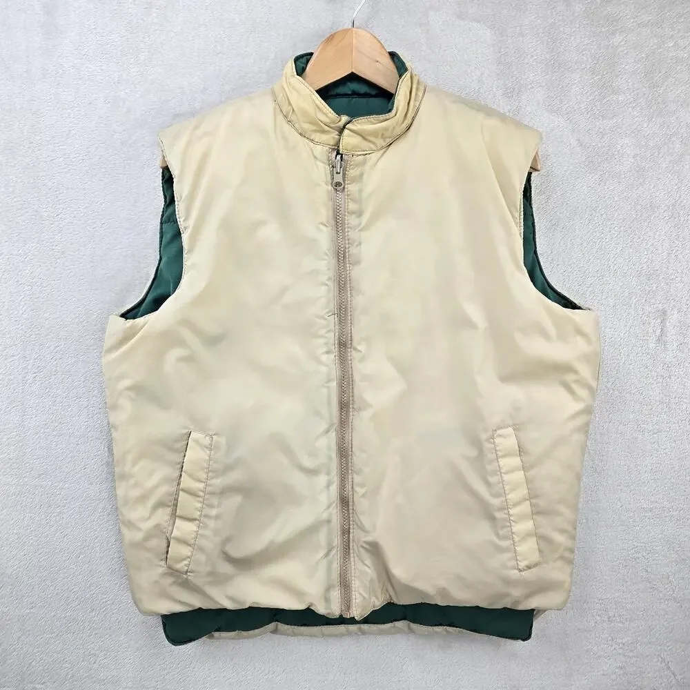 Vintage Lacoste Puffer Vest Mens Medium Green 90s Revirsible Full Zip Snap